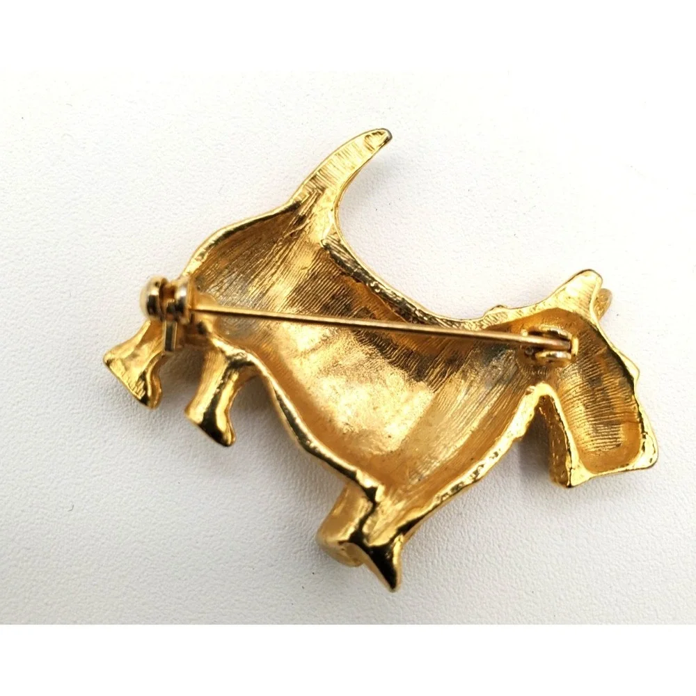 Vintage Scottish Terrier Black Enamel Bow Brooch Pin Gold Tone